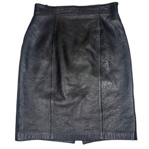 Valerie Stevens Black Lambskin Leather Pencil Skirt Size 6 Knee Length Back Slit